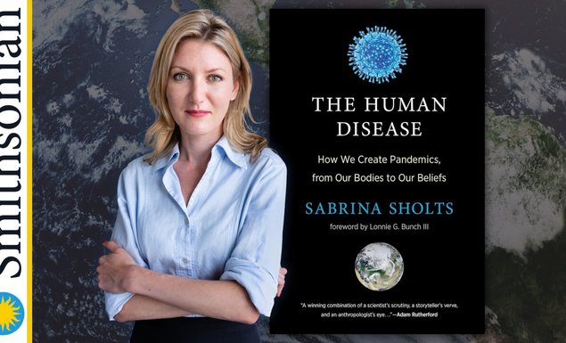 Sabrina Sholts (a white woman with blonde hair) standing with her arms crossed beside the cover of her book.