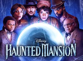 Haunted mansion poster with the cast and a magic ball pictured