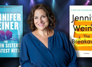 Marketing image with author Jennifer Weiner and the cover of her upcoming book, as well as her last book