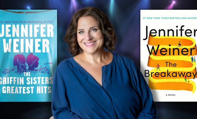 Marketing image with author Jennifer Weiner and the cover of her upcoming book, as well as her last book