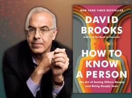 David Brooks, an older white man with grey hair and glasses, is on the left side of the image. The cover of his book is on the right side.