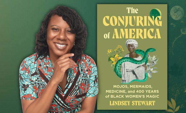 Picture of the author to the left of her book cover "The conjuring of America"