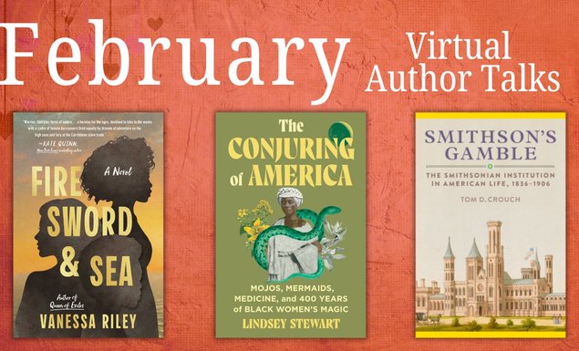 All three February book talk covers are on a red background