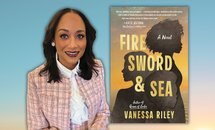 The author is to the left of her book's cover "Fire, Sword, and Sea"