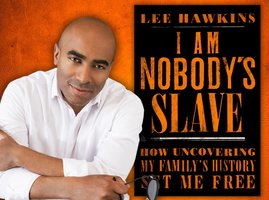 Author Lee Hawkins pictures beside his book cover