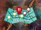 Image of a map with Penticton and a restaurant pin set over the Penticton Reads 2025 graphics