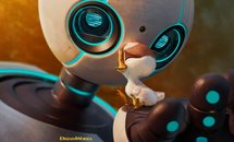 Image of DVD cover for the Wild Robot Movie by Dreamworks. The image is a robot holding a small bird.